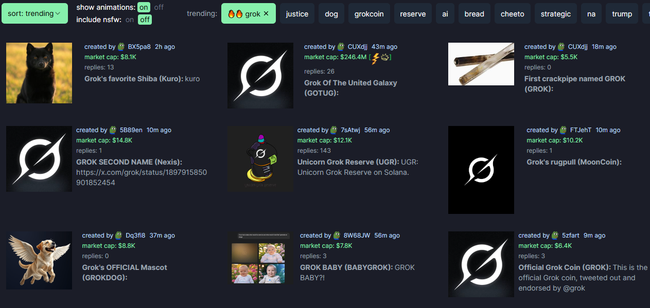 Pump.fun'dagi Grok mavzusidagi tokenlar