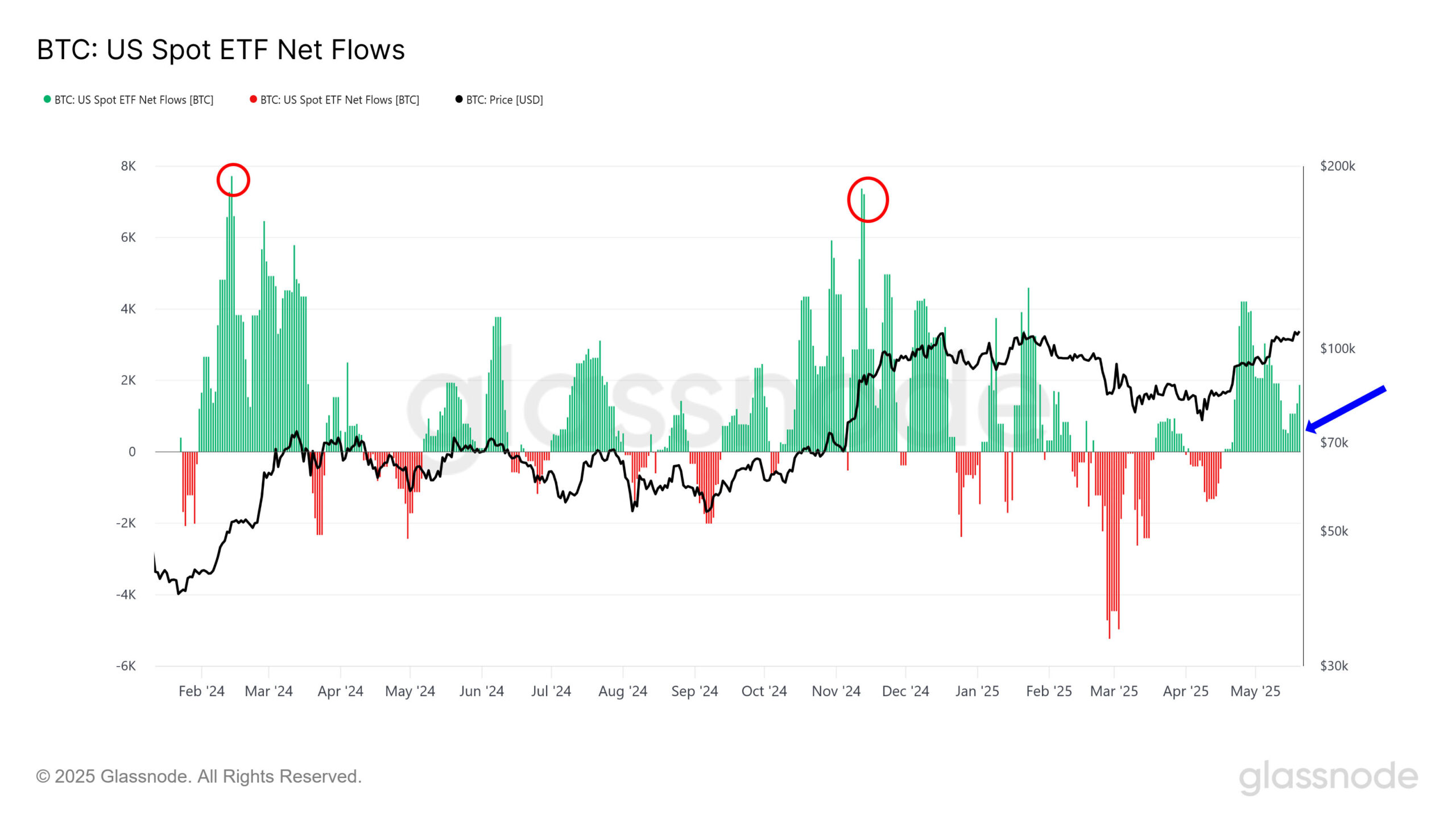 AQSh Spot Bitkoin ETF Net Flows. Manba: Glassnode.