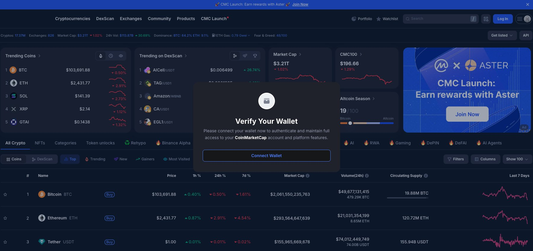 CoinMarketCap asosiy sahifasidagi zararli pop-up xabari.