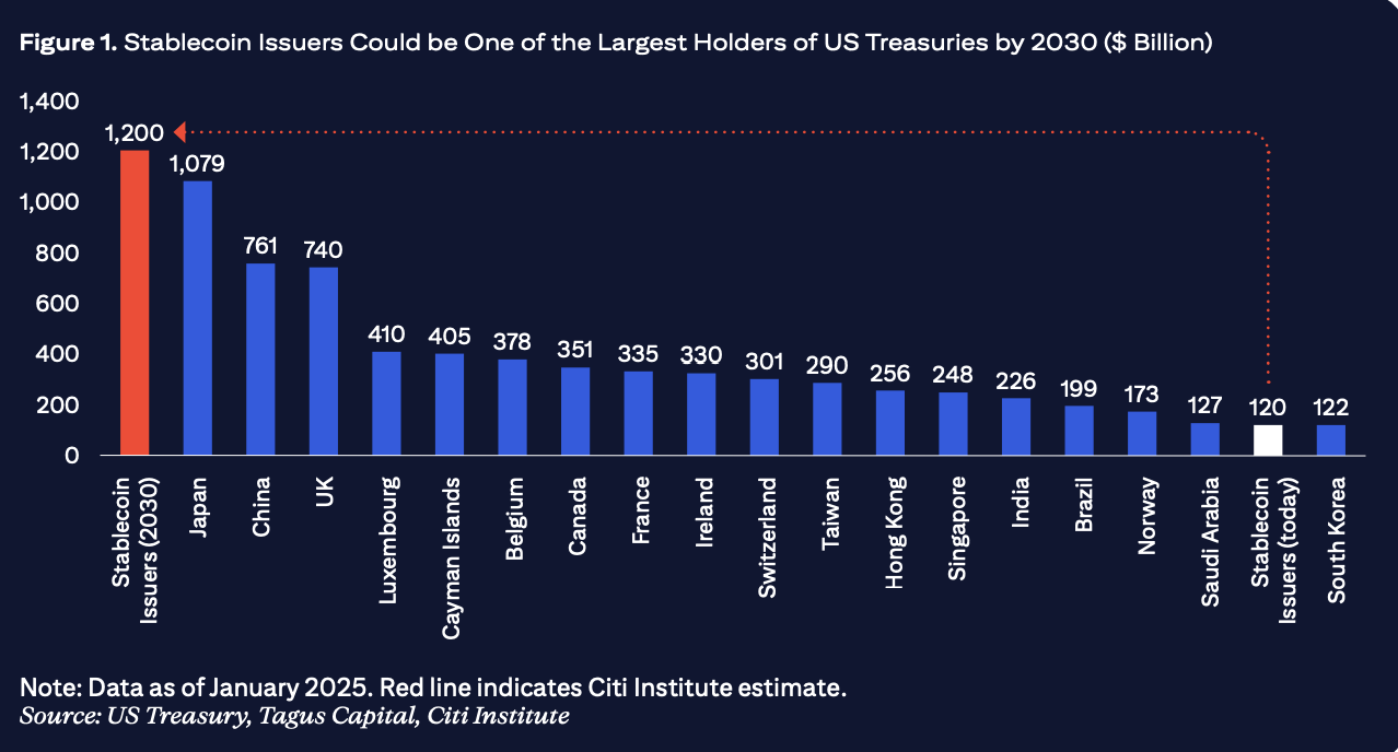 Barqaror tanga chiqaruvchilar 2030 yilga kelib AQSh g'aznachilik obligatsiyalarining eng yirik egalari bo'lishi mumkin. Manba: Citigroup.